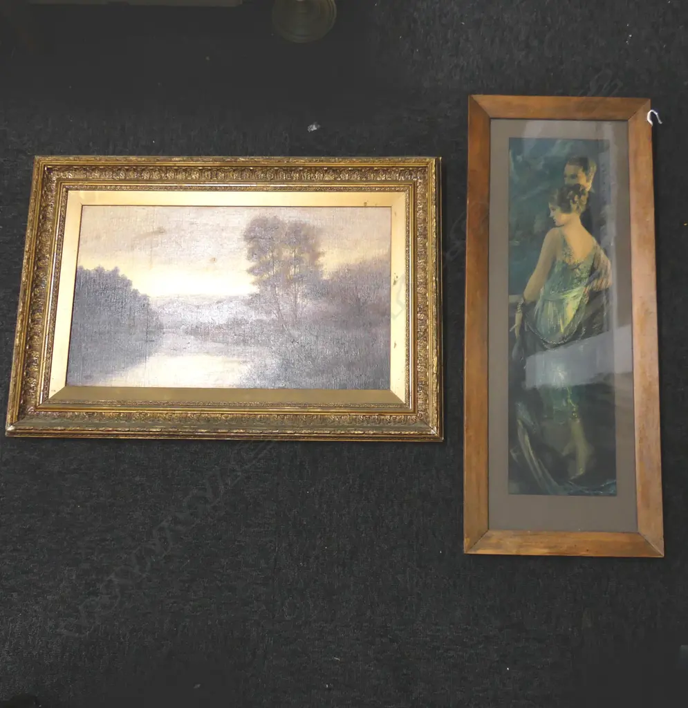2 ARTWORKS; 1920s 'HONEYMOONING IN THE ALPS' PRINT 650x185mm, UNSIGNED EARLY 20thC LANDSCAPE OIL ON CANVAS 345x590mm Image 1++