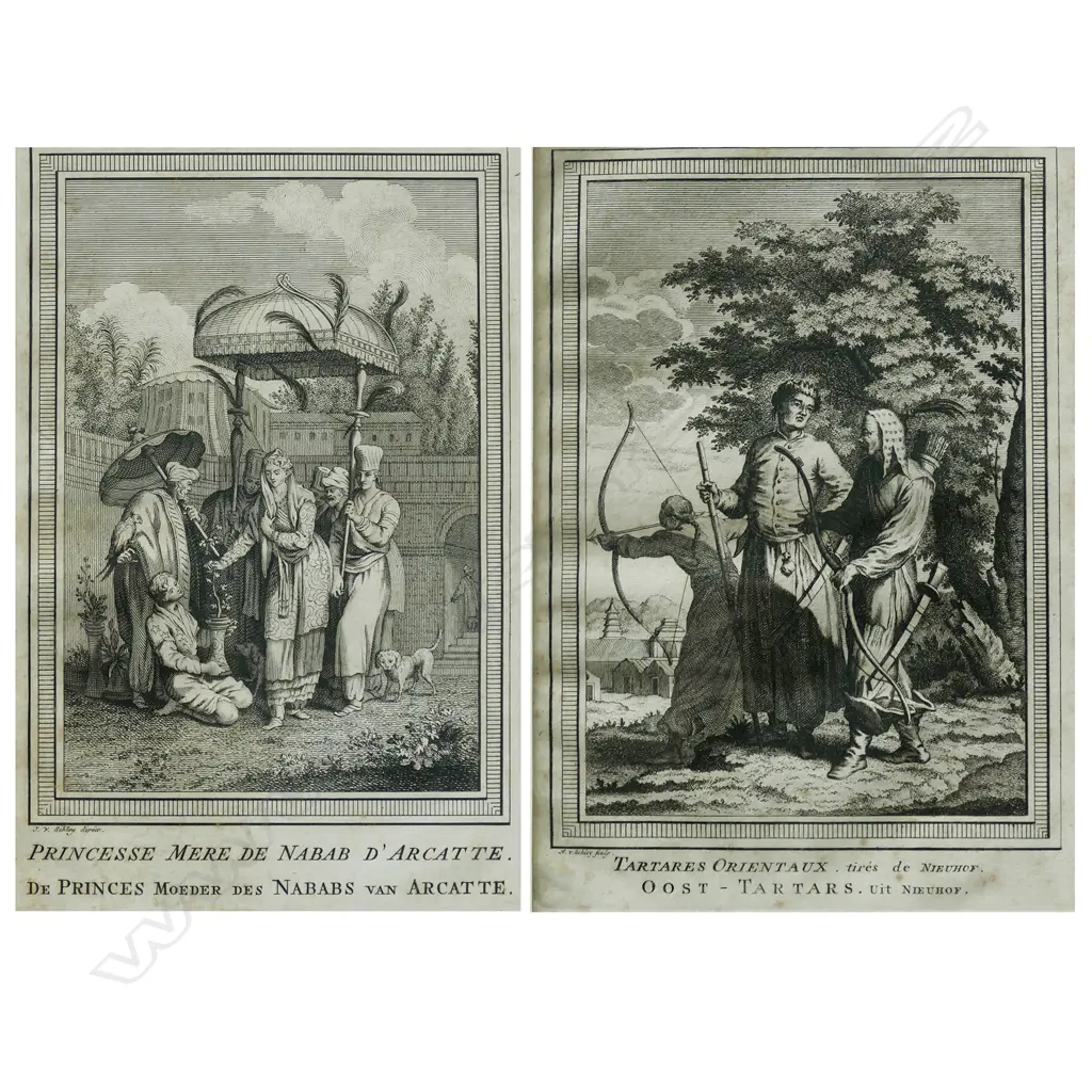 PR EARLY ENGRAVINGS: CHINESE TARTARS, ARCHERY' 1749 & 'MOTHER OF THE NABOB OF ARCATTE' 1746-50, 240x145mm, 210x145mm Image 1++