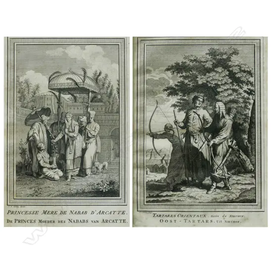 PR EARLY ENGRAVINGS: CHINESE TARTARS, ARCHERY' 1749 & 'MOTHER OF THE NABOB OF ARCATTE' 1746-50, 240x145mm, 210x145mm