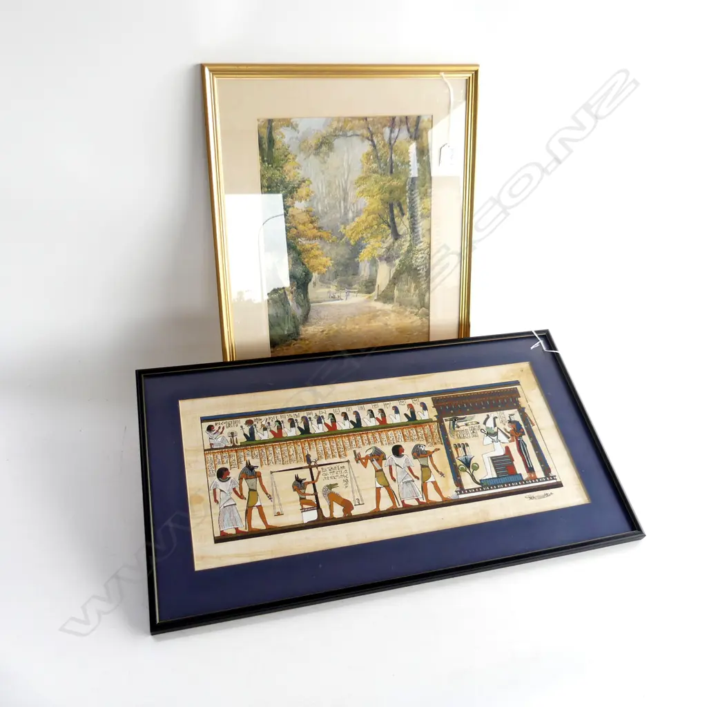 2 ARTWORKS; JOHN FULLWOOD LANDSCAPE W/C PRINT 380x275mm, EGYPIAN HIEROGLYPHIC ARTWORK 250x565mm Image 1++
