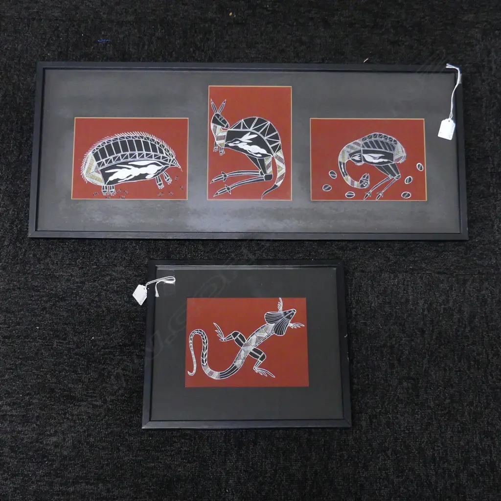 2 ABORIGINAL SKELETON ARTWORKS, ACYRLIC ON CANVAS, LIZARD 190x145mm & 3 FRAMED WORKS 310x745mm overall Image 1++