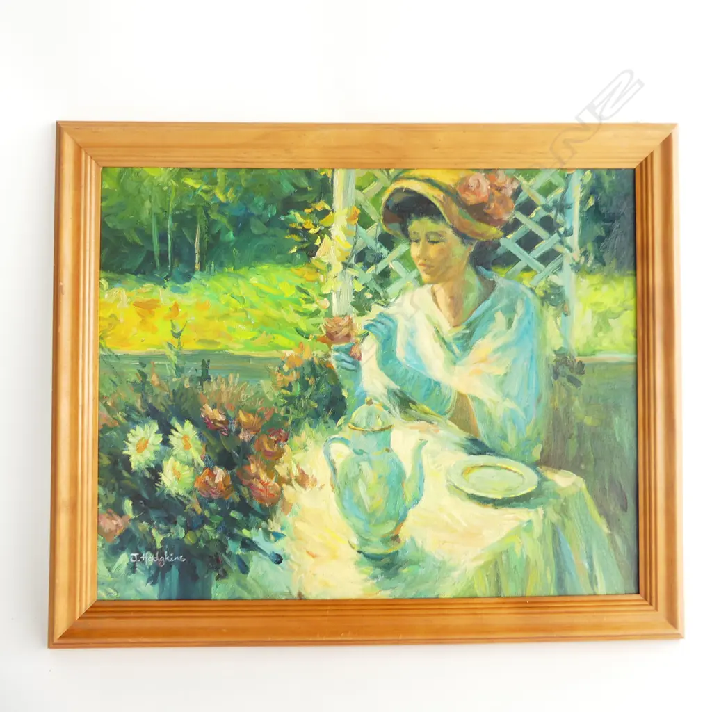 J. HODGKINS, LADY IN GARDEN, OIL ON BOARD 395x495mm Image 1++