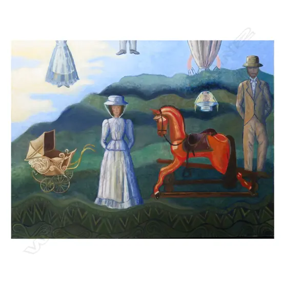JANET E. MANSFIELD, VICTORIAN FIGURES, ROCKING HORSE & PRAM IN LANDSCAPE, OIL ON CANVAS, SIGNED & DATED 2010, 760x1010mm