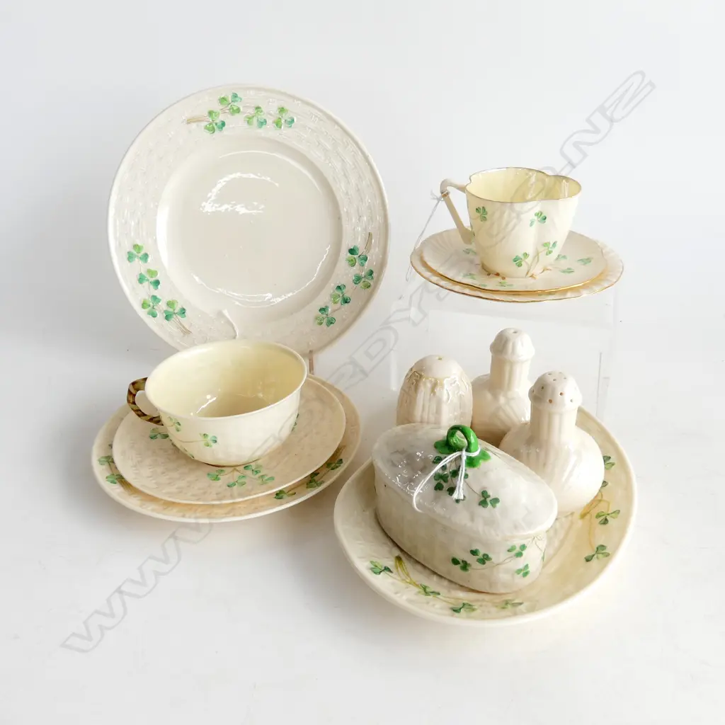 SMALL COLLECTION SHAMROCK PAT BELLECK CHINA 2CSPS LIDDED JAR CONDERMENTS ETC Image 1++