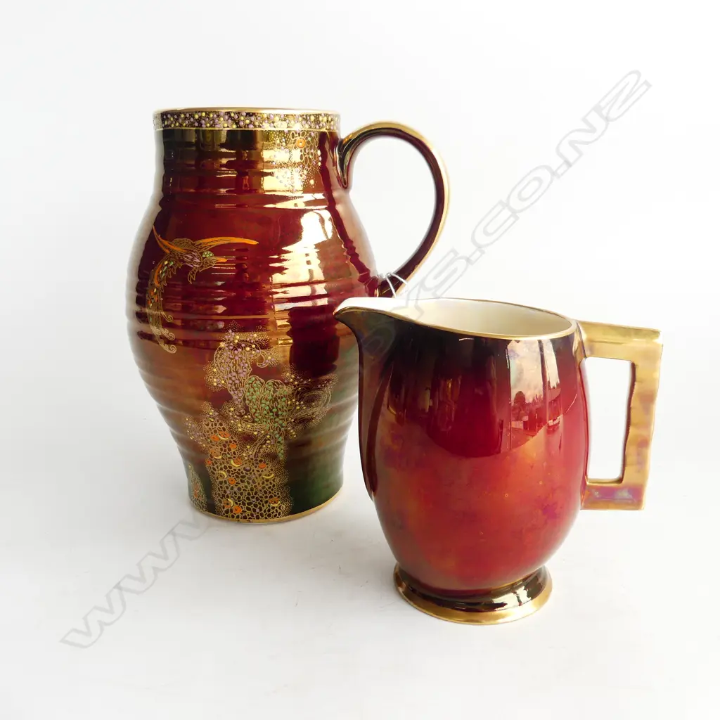 CARLTON WARE ROUGE ROYALE JUG H.140mm & CROWN DEVON HANDLED VASE H.230mm Image 1++