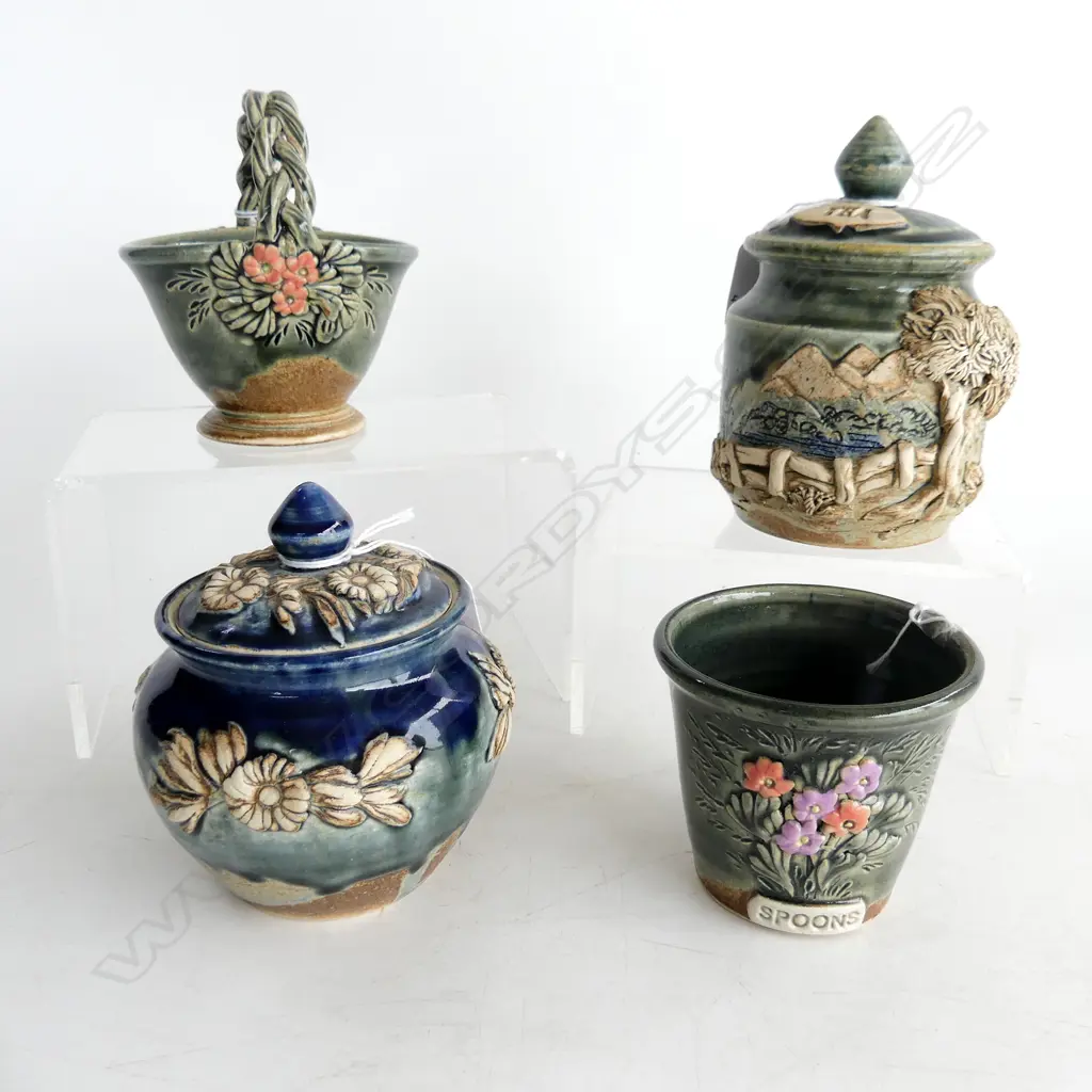 4PCS NZ STUDIO POTTERY TEA CADDY H130MM HONEY JAR BASKET & SPOON HOLDER Image 1++
