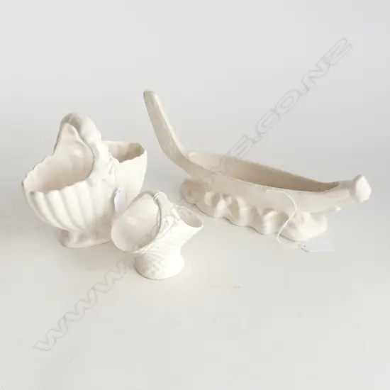 WHITE TITIAN WARE WAKA VASE L290MM & 2 TITIAN WHITE BASKET VASES H160 TALLEST