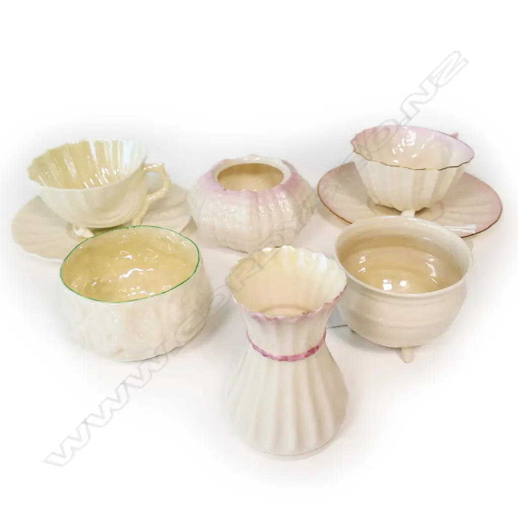 7 SM PCS BELLEEK CHINA: 4 X BLACK MARK & 2 GREEN MARK CUPS & SAUCERS Image 1++