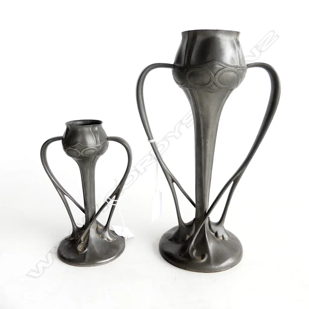 TWO ENGLISH PEWTER (TUDRIC) VASES,  NOUVEAU WITH BUD-LIKE TENDRILS, BOTH No.029, H. 250 &170mm Image 1++