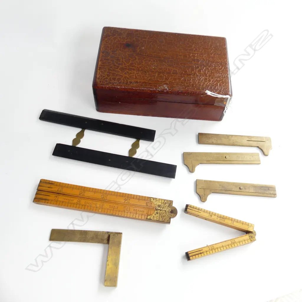 ANTIQUE TOOLS; 3 RABONE BRASS CALIPERS, SET SQUARE, 2 FOLDING RULERS, EBONY PARALLEL RULE, ALL IN WOODEN BOX W.175mm Image 1++