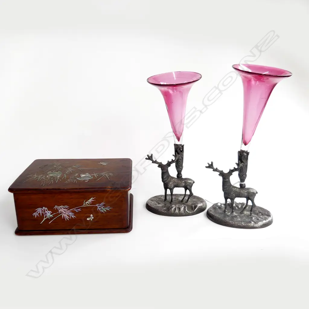 OLD JAPANESE HARDWOOD SLIDING BOX, INLAID MOP GEESE ETC PLUS PAIR PLATED DEER EPERGNE STANDS H.120mm Image 1++
