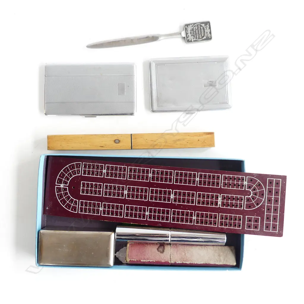 2 EP CIGARETTE CASES, CRIBBAGE BOARD, 2 RAZORS, FISHING KNIFE ETC Image 1++