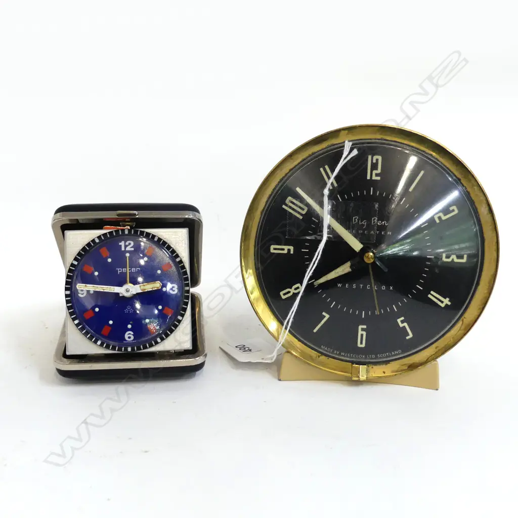 2 CLOCKS; BIG BEN REPEATER not working, MADE IN SCOTLAND (DIA 120mm) & GERMAN PETER TRAVEL CLOCK Image 1++