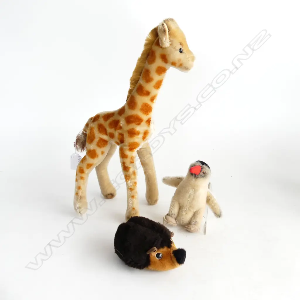 3 GERMAN 'STIEFF' SOFT TOYS; PENGUIN, HEDGEHOG, GIRAFFE H.350mm Image 1++