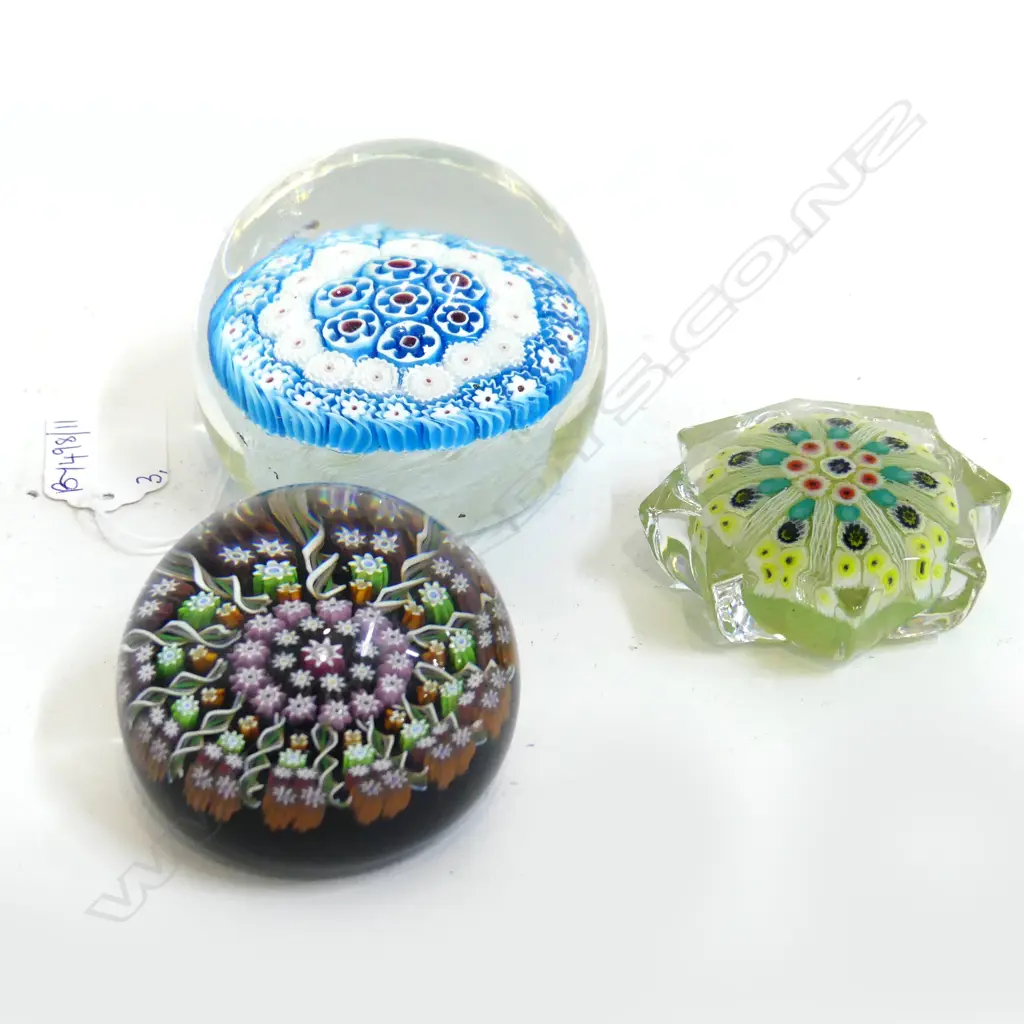 3 MILLEFIORI PAPERWEIGHTS; BLACK PERTHSHIRE, STAR STRATHEARN, BLUE MURANO 75mm dia Image 1++