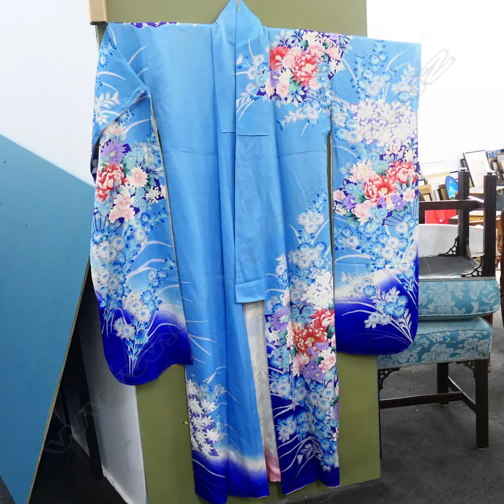 SILK FURISODE BLUE KIMONO Image 1++