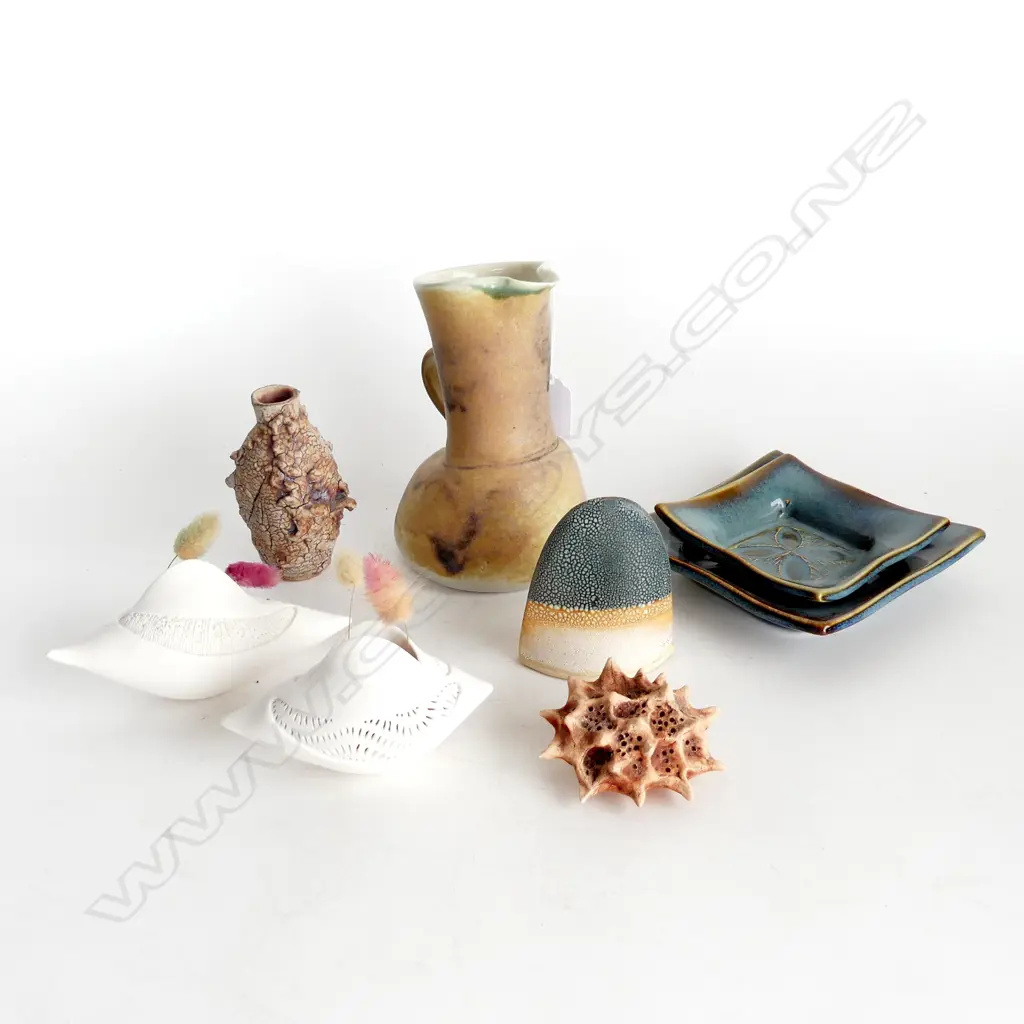 ASST QUALITY STUDIO POTTERY 8 PCES: jug. 2 dishes by M .Bow. 2 porcelain eliptical vases. sea secret. etc Image 1++
