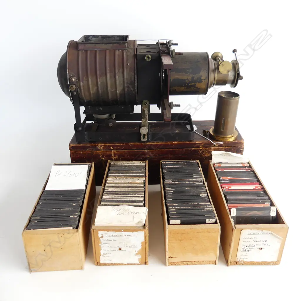 ANTIQUE LATERNA MAGICA PROJECTOR L.440mm + ASST. AUCKLAND / NZ / ROME / BELGIUM / BIBLE SLIDES ETC Image 1++