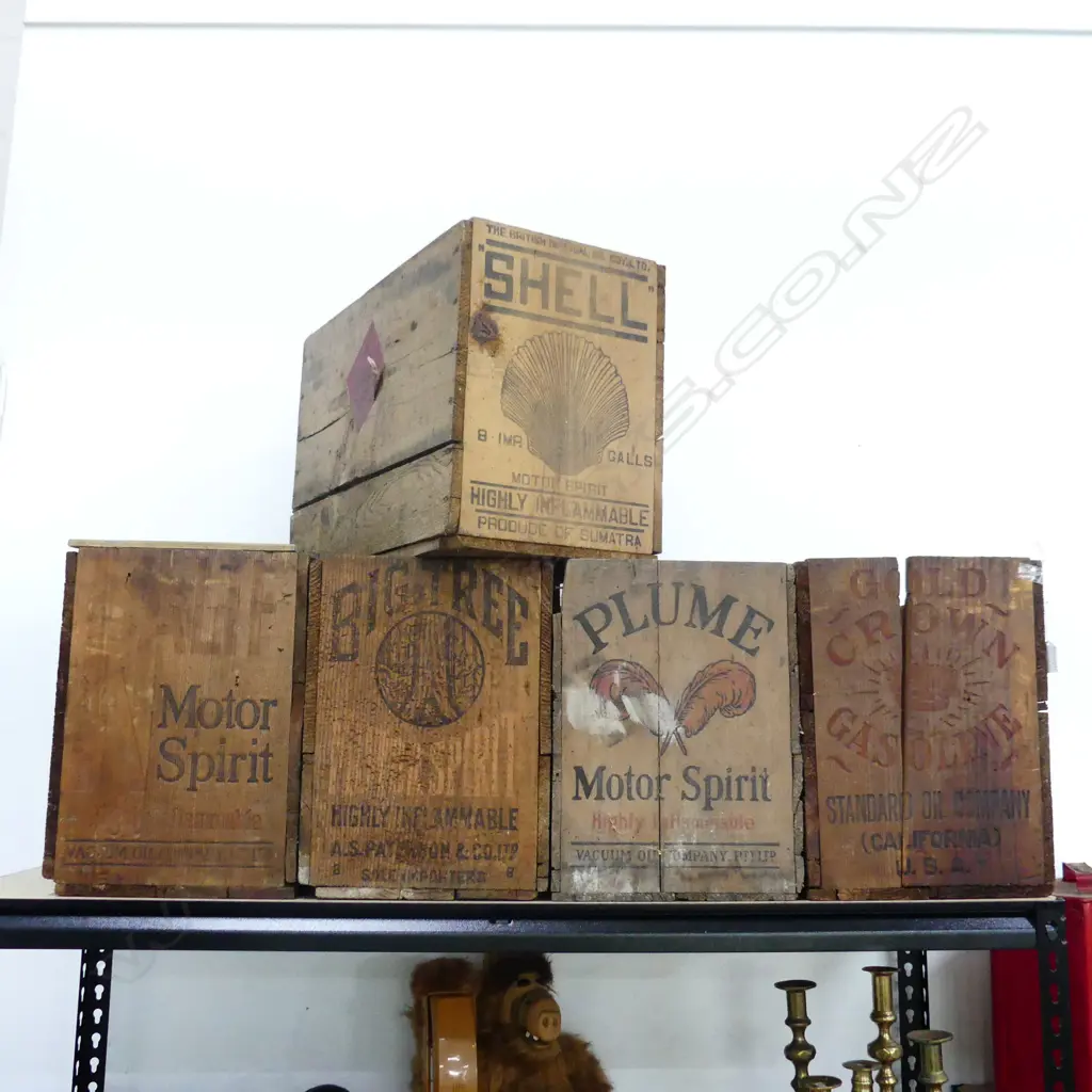 5 VINTAGE WOODEN PETROL CRATES; SHELL, BIG TREE, PLUME, CROWN & KALIF MOTOR SPIRITS 265x530x370mm Image 1++
