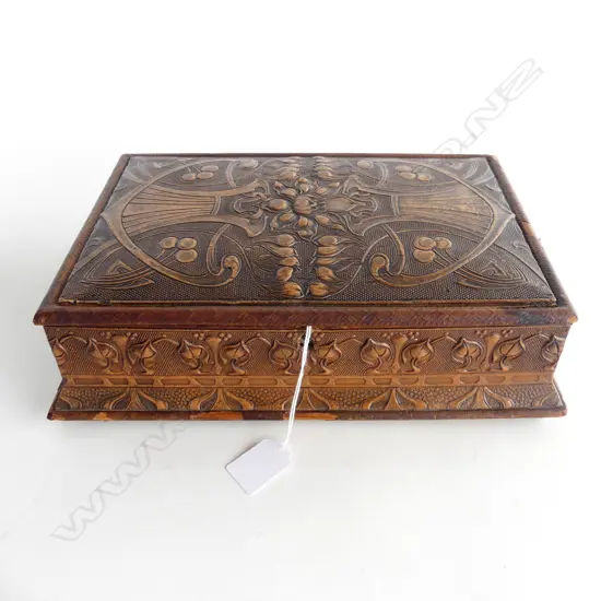 JUGENDSTIL EMBOSSED LEATHER JEWELLERY BOX W.315mm