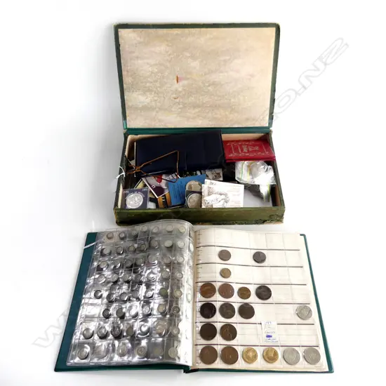 BOX ASST. WORLD COINS & TOKENS + COIN ALBUM