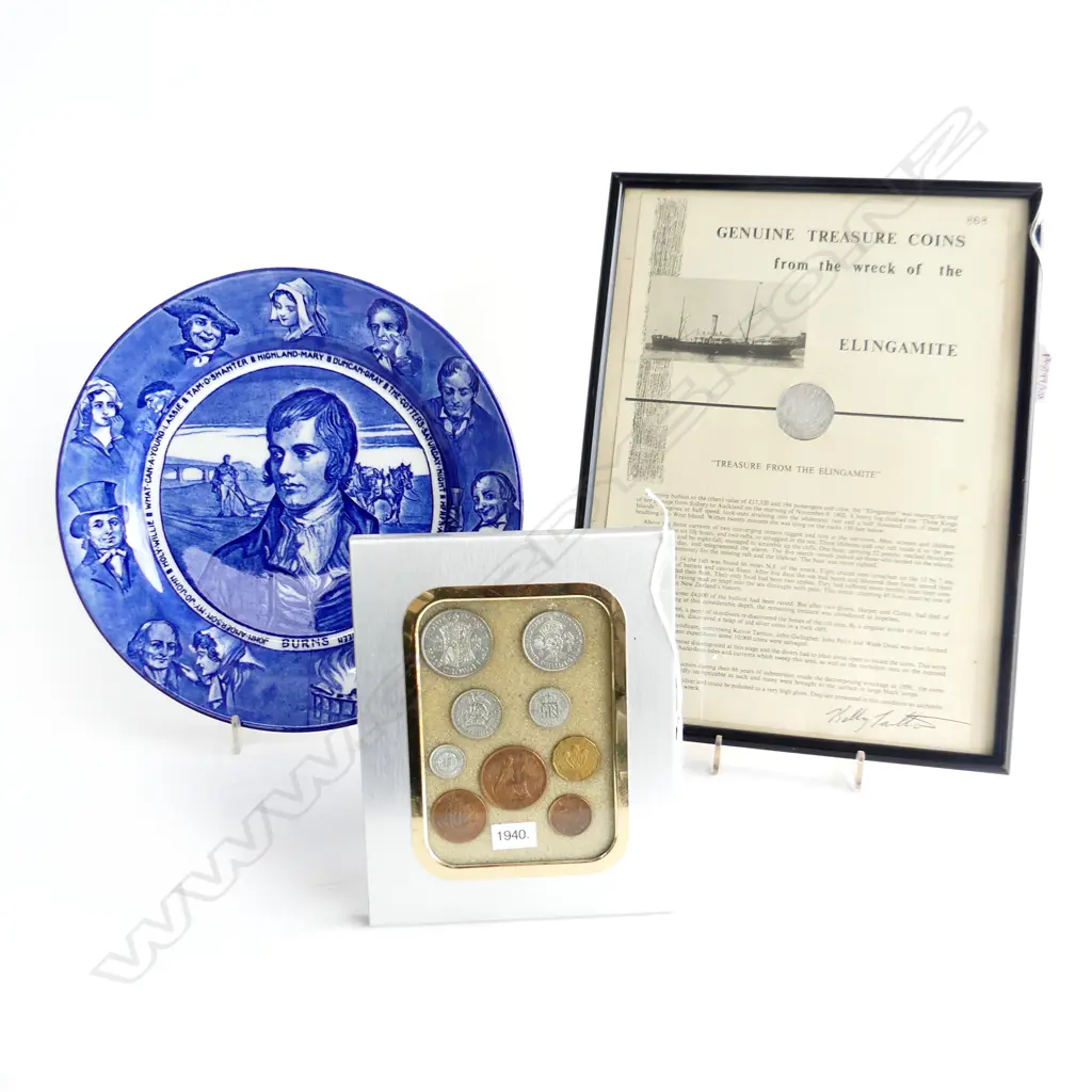 3 PCES: ROYAL DOULTON /W BURNS PLATE 265mm, UK 1940 COIN SET, FRAMED COIN FROM ELINGAMITE WRECK Image 1++