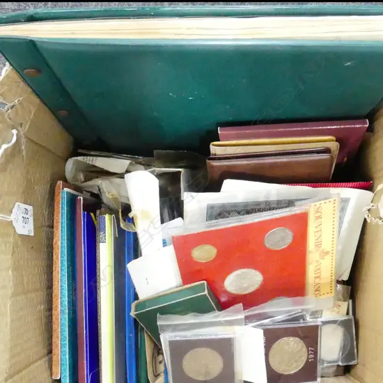 BOX OF NUMISMATICS, INCLUDES SCHOOLBOY ALBUM UNCIRCULATED COINS PROOFS AND LOOSE COINAGE 