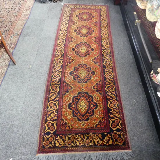 AFGHAN HAND KNOTTED ALL WOOL RUNNER RUG. 5 LOBED MEDALLIONS. DARK TONES. 2600 x 840mm.