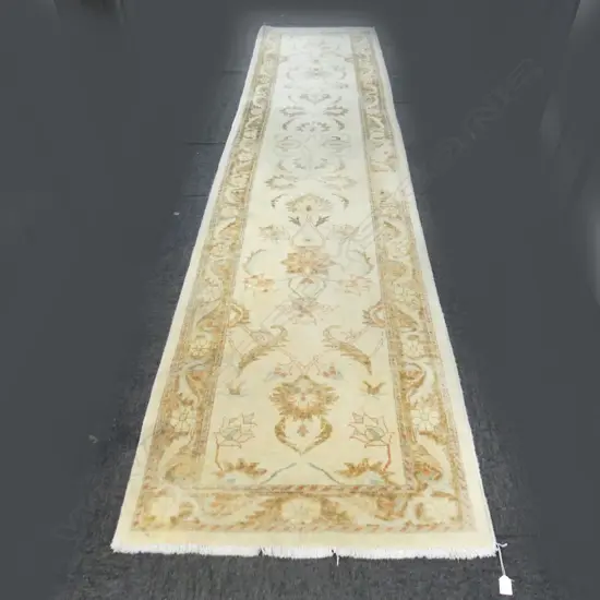 HAND KNOTTED PALE WOOL PILE RUNNER 3950x850mm