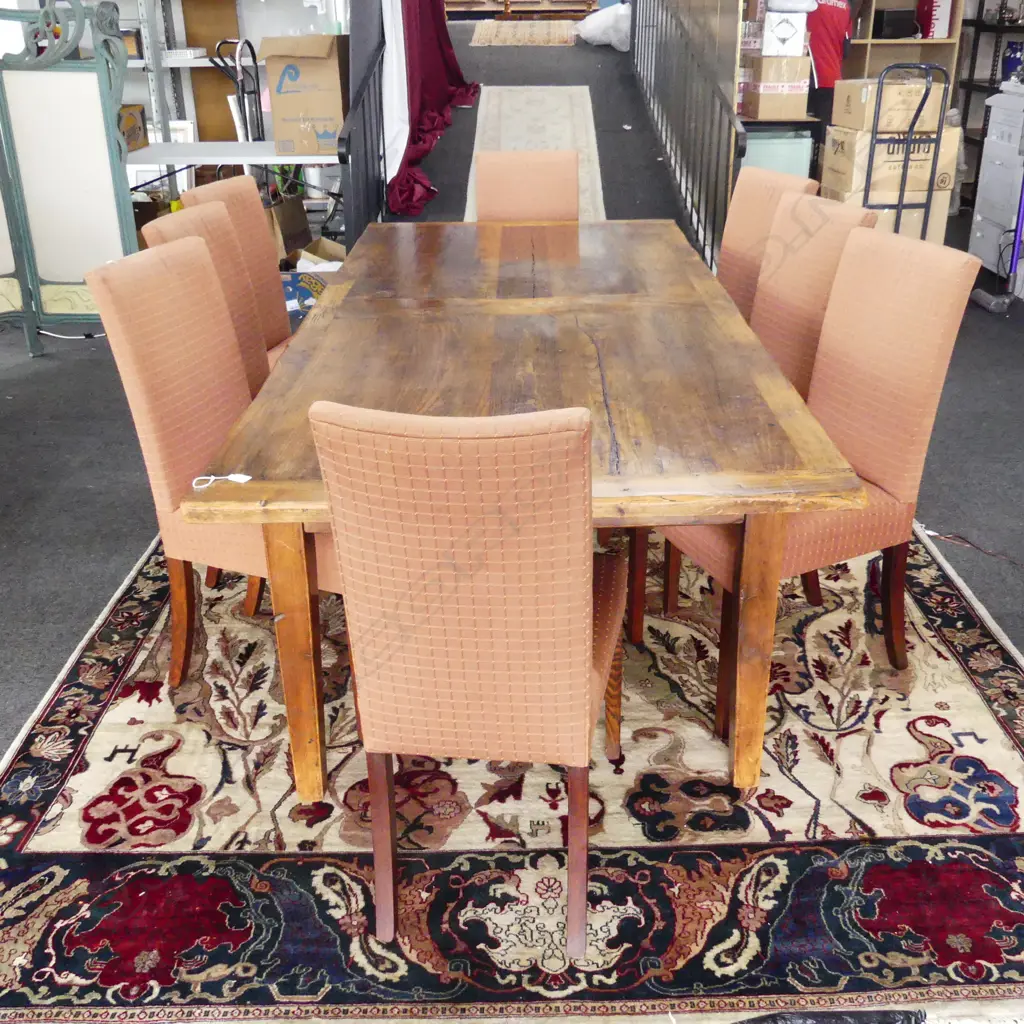FRENCH PROVINCIAL STYLE DINING TABLE AND EIGHT UPHOLSTERED HIGHBACK DINING CHAIRS  2200x 1100 x 740mm Image 1++