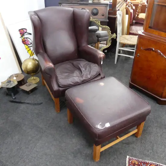 LEATHER WING BACK ARMCHAIR & OTTOMAN 630x630x460mm