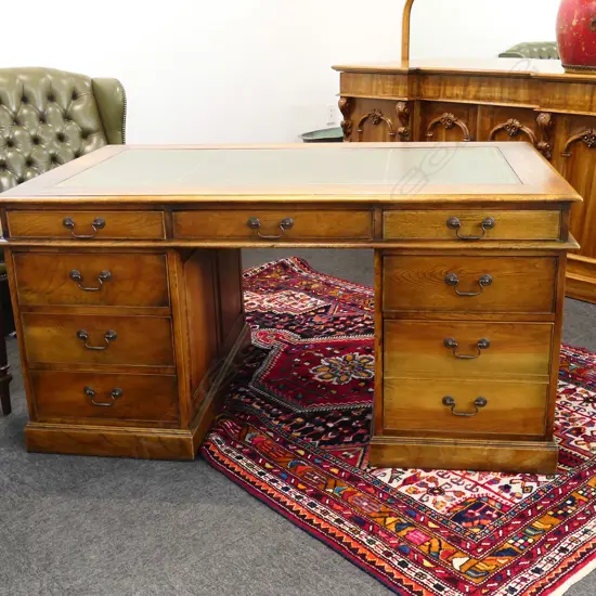 ANTIQUE STYLE TWIN PEDESTAL DESK LEATHER TOP 1480x870x755mm