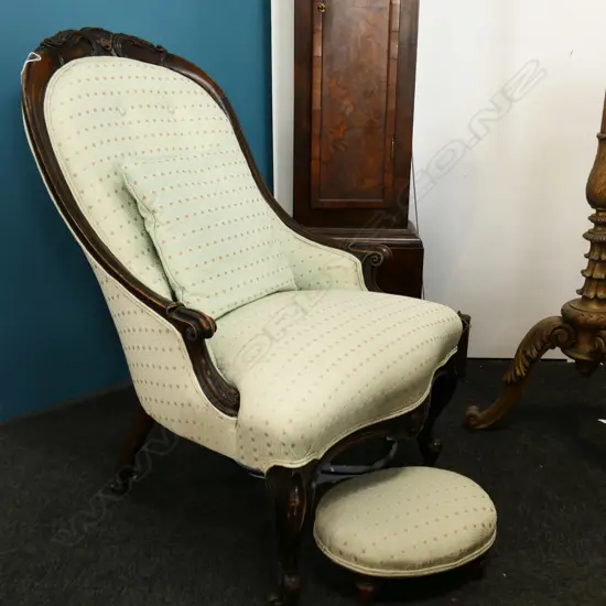 VICTORIAN PALE BLUE UPHOLSTERED NURSING CHAIR & STOOL