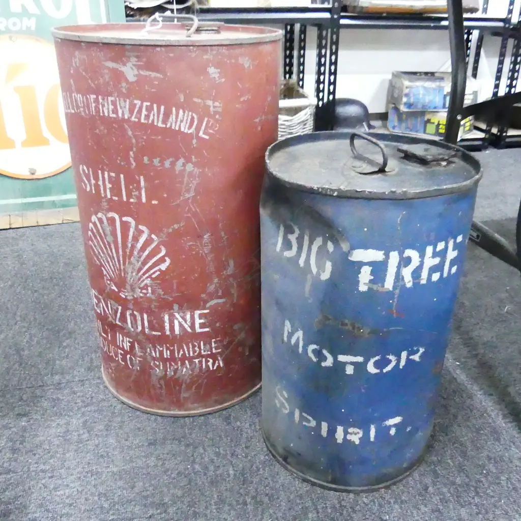 2 LG VINTAGE PETROL TINS; BIG TREE H.440mm, SHELL BENZOLINE H.575mm Image 1++
