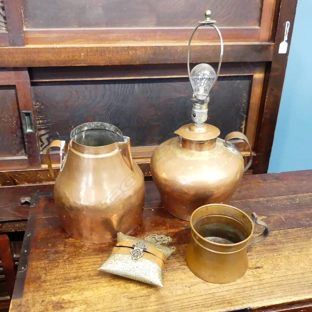 4 ASSTD COPPERWARE, 2POTS, LAMPSHADE & SML PURSE Image 1++