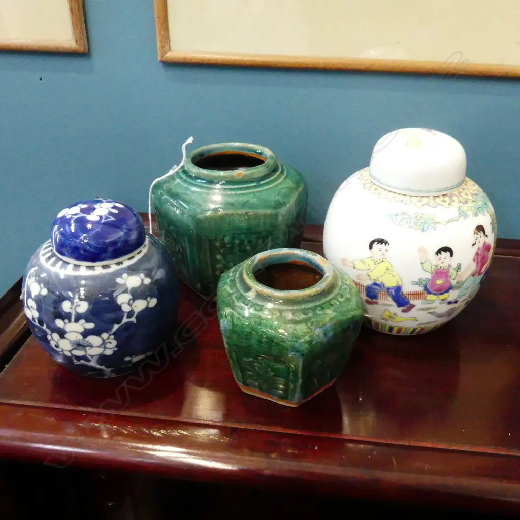 4 GINGER JARS; 2 GREEN GLAZED + 2 LIDDED H.150mm Image 1++