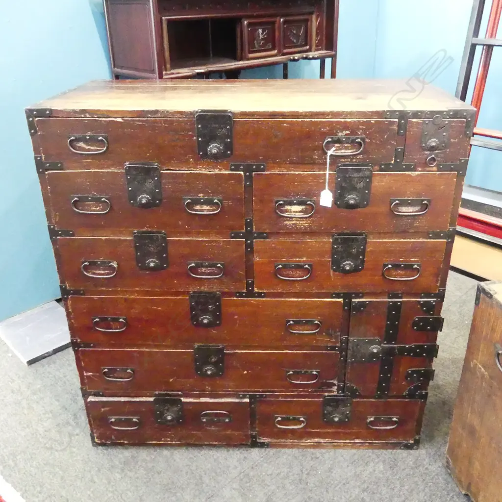 JAPANESE1890’S SHOP CHEST combination of 14 drawers & 1 door. Studded metal fittings. H.930mm Image 1++
