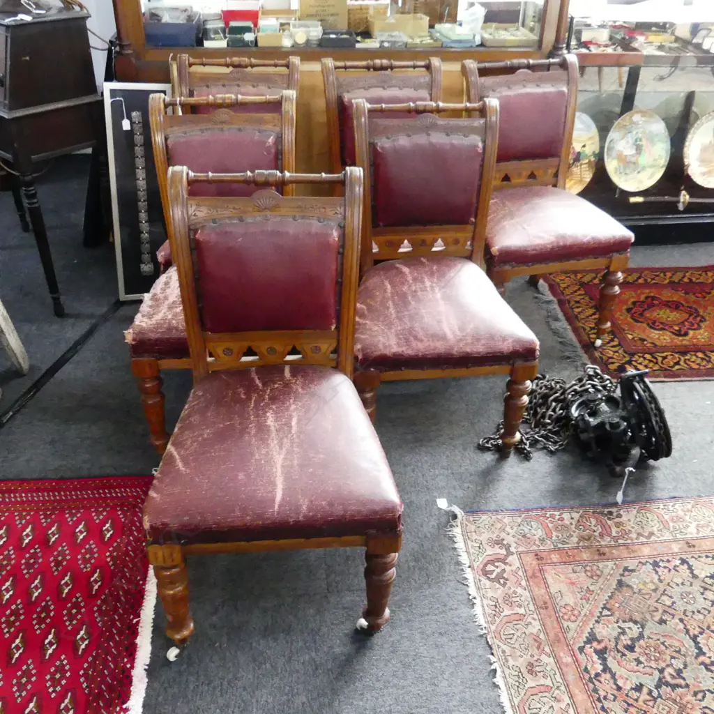 6 EDWARDIAN DINING CHAIRS IN RED LEATHER Image 1++