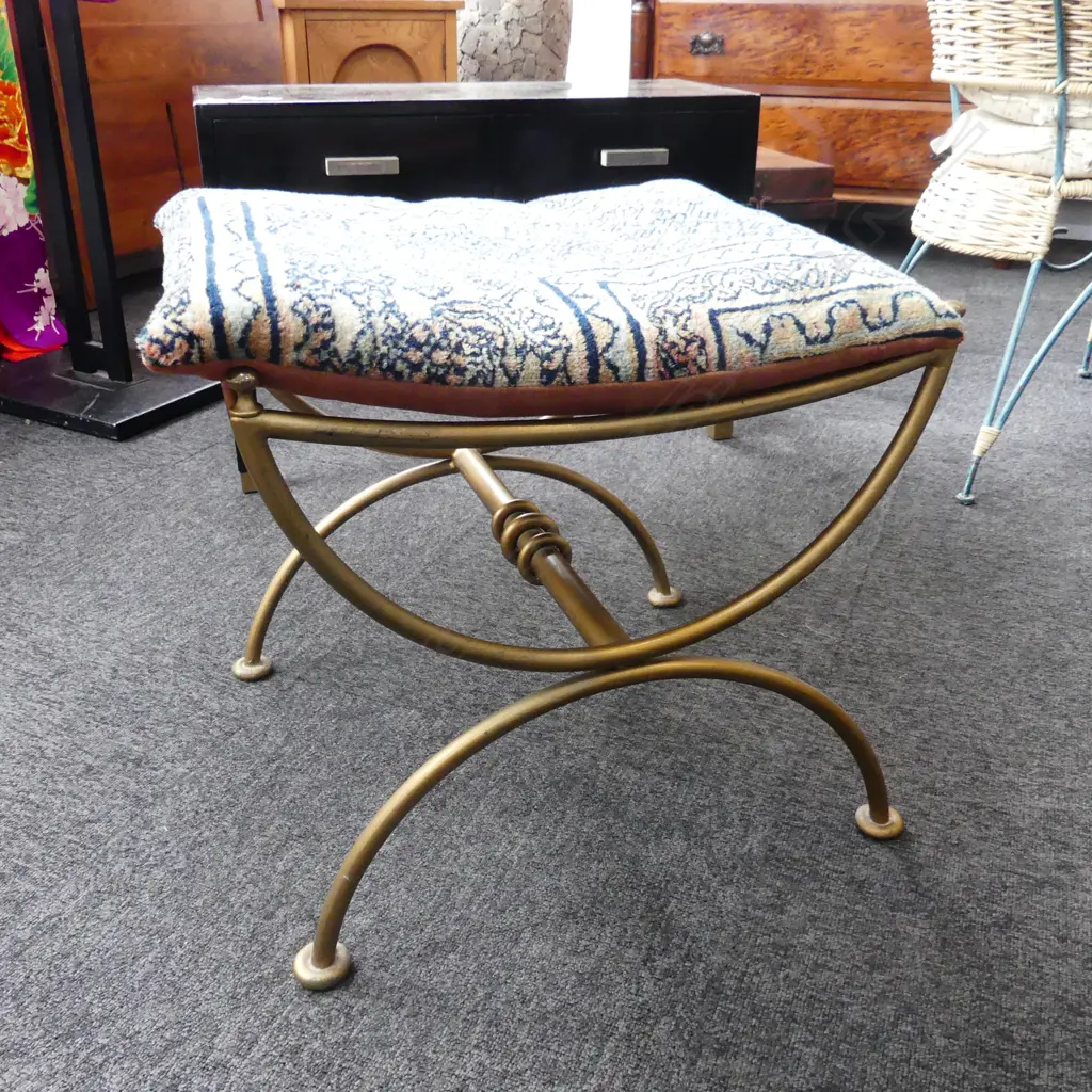 GOLD PAINTED WROUGHT IRON STOOL w. CARPET CUSHION W.520mm Image 1++