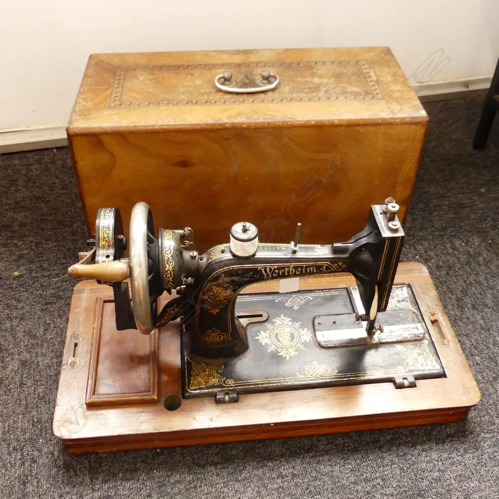 WERTHIEM HAND CRANK SEWING MACHINE IN WOODEN INLAID CASE Image 1++