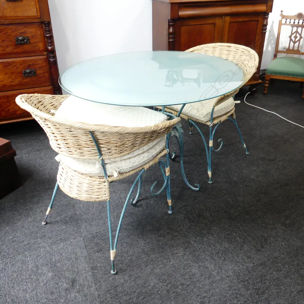 3 PCE PATIO SET; GLASS TOPPED TABLE 1000mm dia, PR CANE & METAL CHAIRS Image 1++