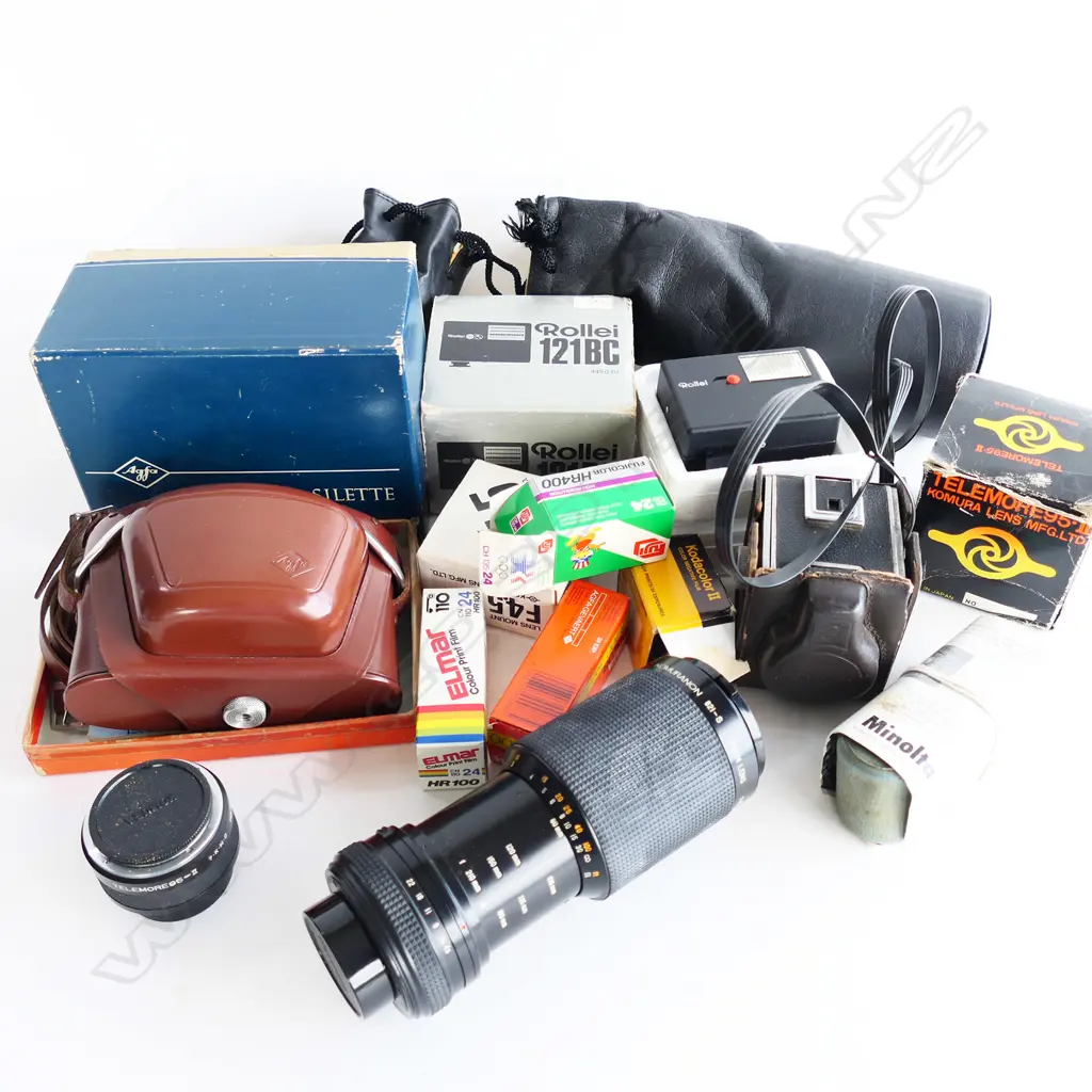 BOX OF CAMERA GEAR INCL. UNUSUED BOXED 50S AGFA KOMURA 80-210mm LENS ETC Image 1++