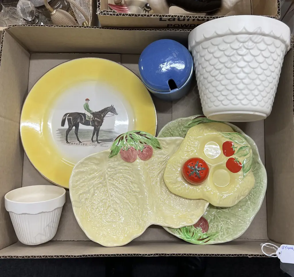 BOX LOT OF NZ & CROWN LYNN CHINA ETC Horse plate + molded china etc. Ex. Helen Slater Image 1++