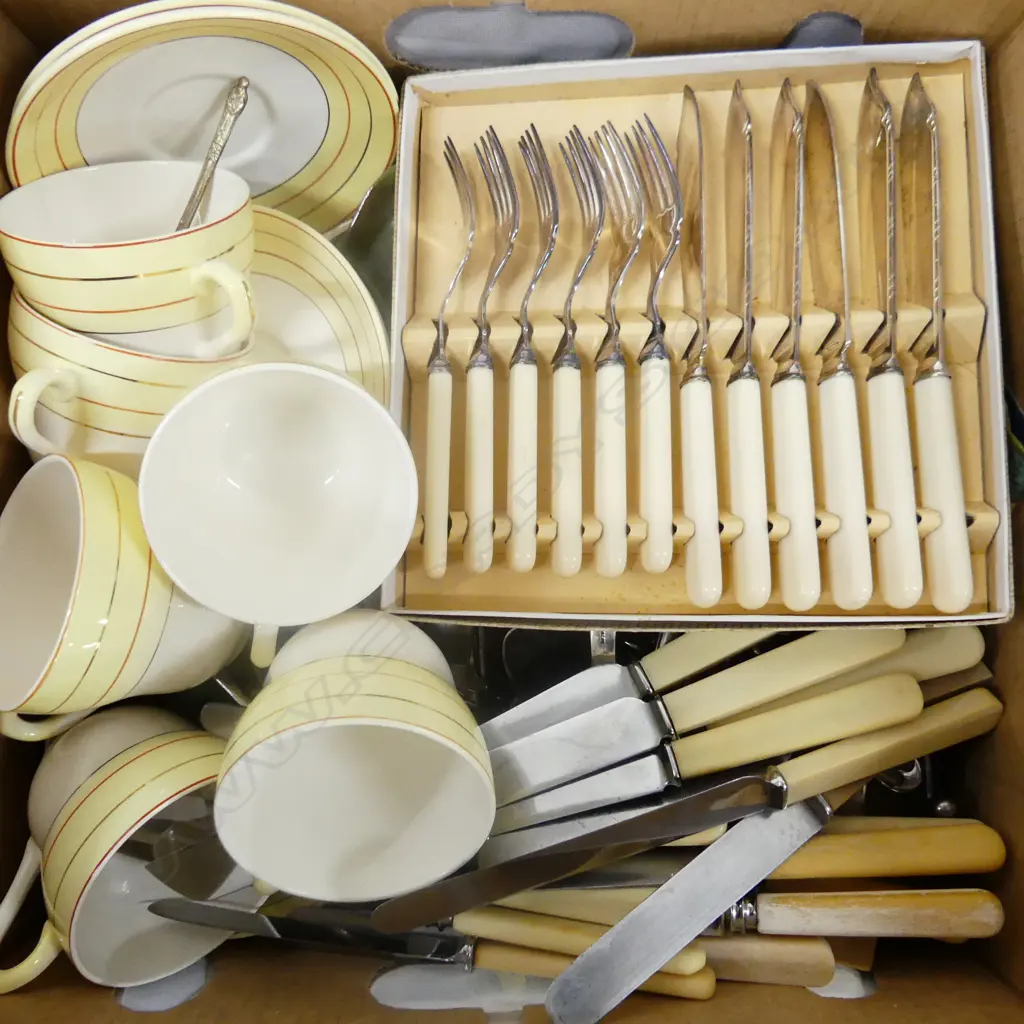 BOX LOT CUTLERY INCL. 'BONE' HANDLE KNIVES, CROWN LYNN TEA SET Image 1++