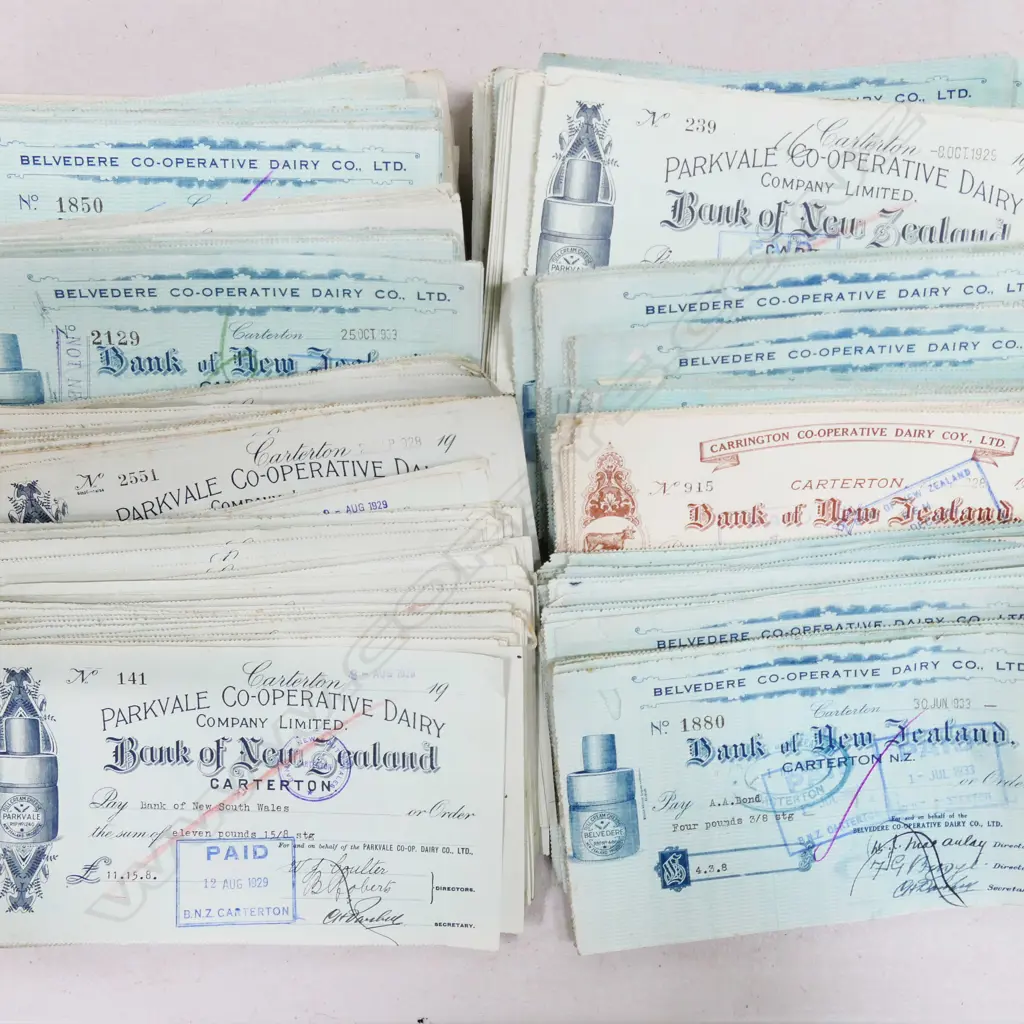 BOX OF VINTAGE NZ DAIRY CHEQUES C.1930 Image 1++