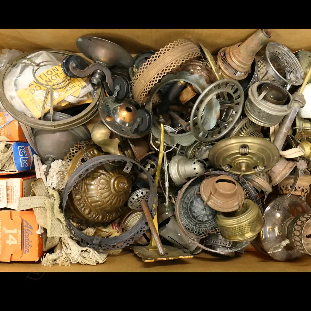 BOX LOT ASST. KEROSENE LAMP PARTS Image 1++