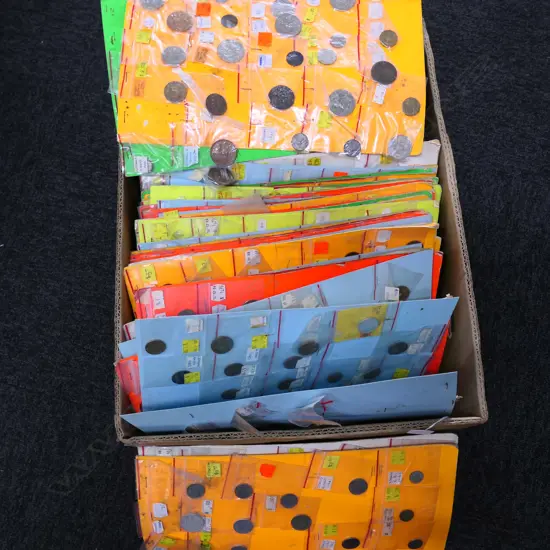 BOX LOT WORLD COIN COLLECTION, 6 BOXES 100 HOLOGRAM PAGES