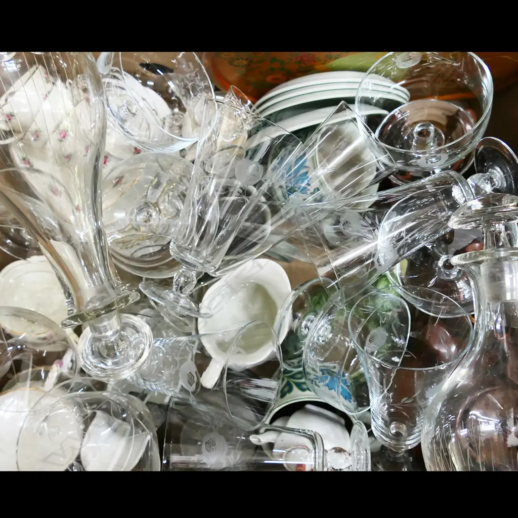 BOX LOT ASST. GLASSES, CERAMICS, 2 DECANTERS ETC Image 1++