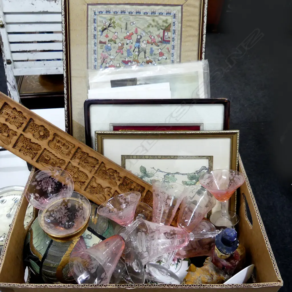 BOX LOT ASST. ORIENTAL ARTWORKS, GLASSES ETC Image 1++