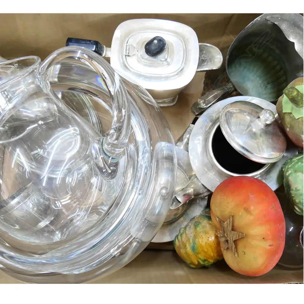 BOX LOT ASST. EPNS, LG GLASS BOWL & JUG, SYPHON ETC Image 1++
